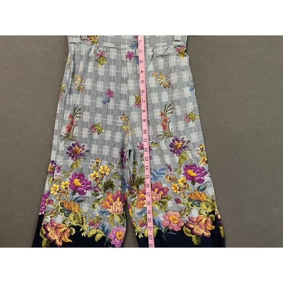 Knit Works Pants Womens 10 Blue Plaid Floral Embroidered Cropped Wide Leg Boho - Picture 2 of 10